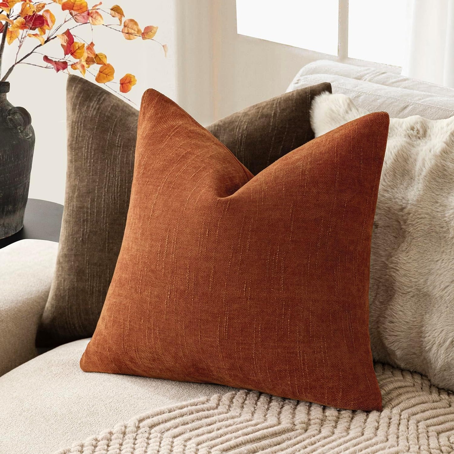 Foindtower Pack of 2 Soft Textured Chenille Throw Decorative Pillow Covers Square Accent Solid Cushion Cover Cozy Neutral Farmhouse Pillow Case for Couch Sofa Bedroom Living Room 20x20 Inch,Orange