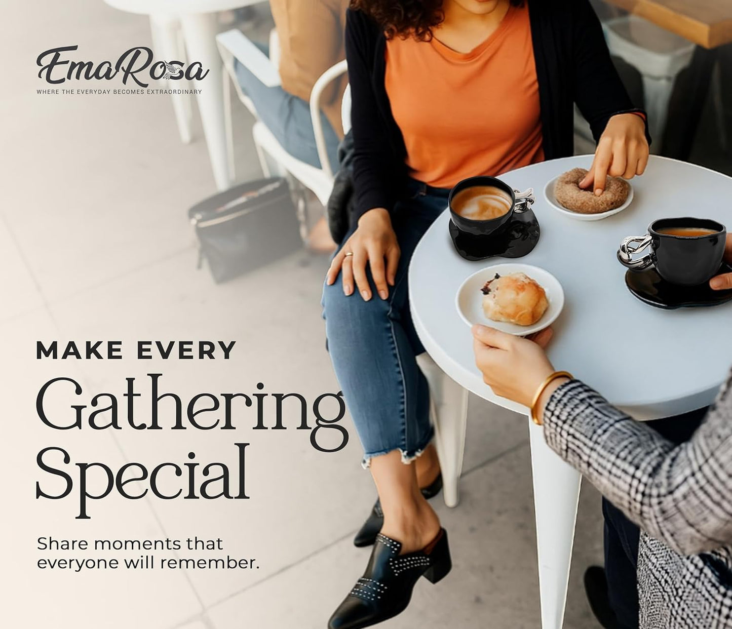 EmaRosa Ceramic Tea Cup Set with Silver Handle – Black Faceted Teacup and Saucer Set of 4 – Elegant Mugs Set of 4 for Coffee or Tea – Luxury Gift Box