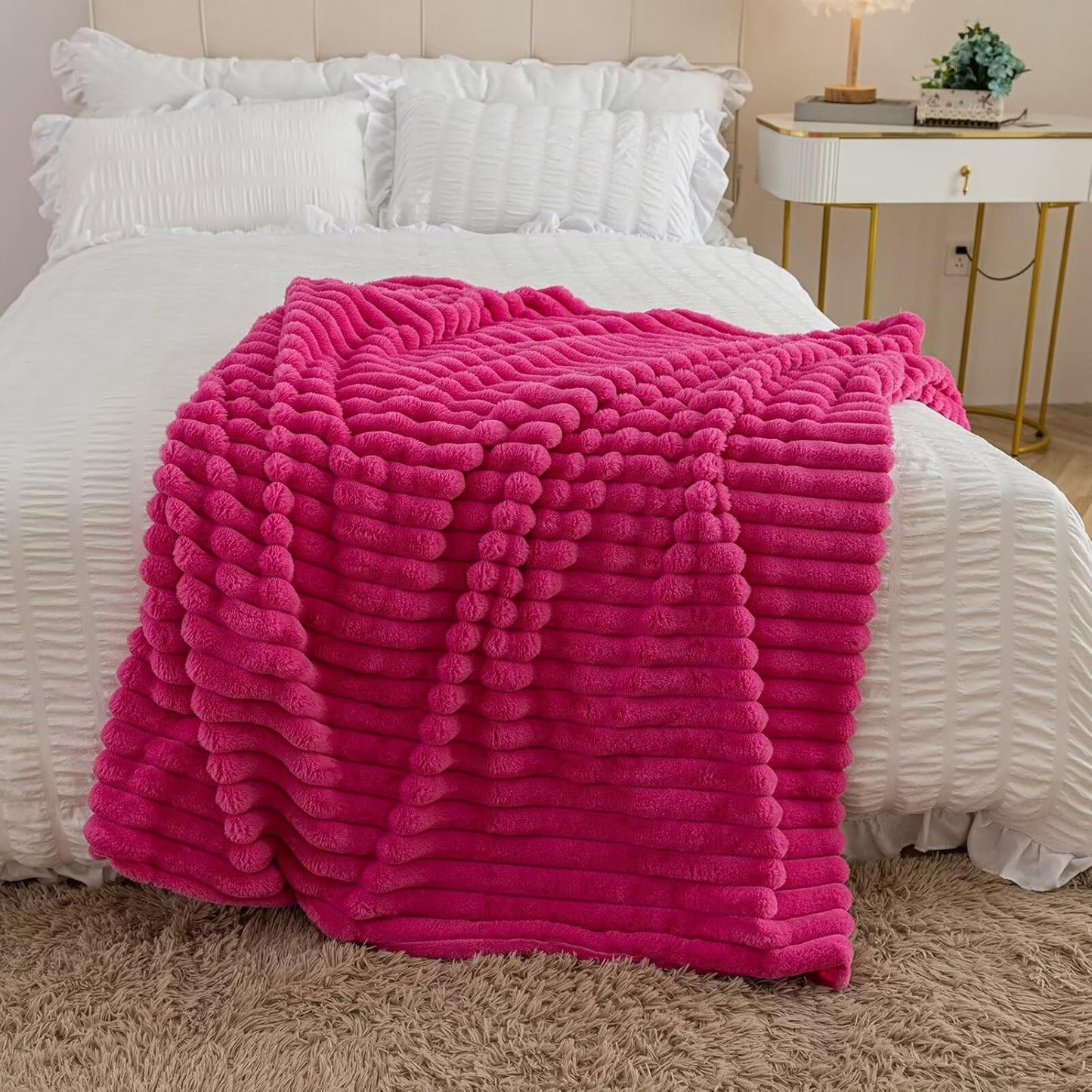 Hot Pink Faux Fur Throw Blanket for Couch, Fuzzy Cozy Soft Warm Plush Striped Throw Blanket, Christmas Decorative Fluffy Winter Blanket for Sofa Bed Living Room Home Decor, 60"x80"