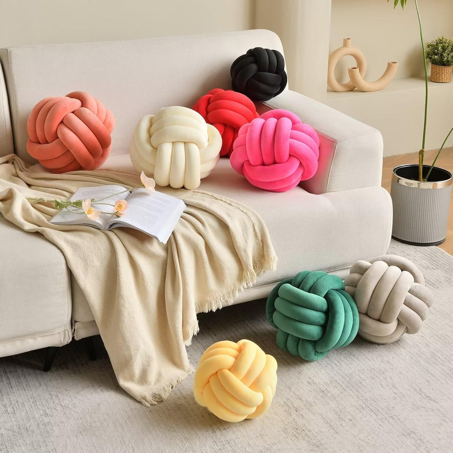 Decorative Throw Knot Pillow Ball for Home Chair Sofa Couch Bed Aesthetic Round Velvet Knotted Pillow Cushion (Hot Pink, 11 inches)