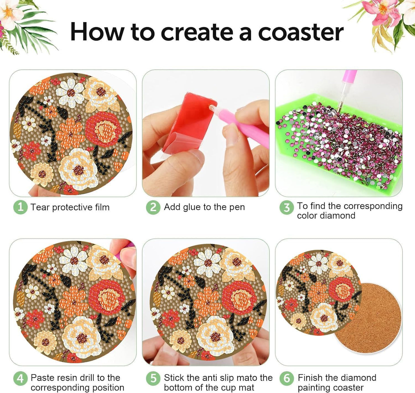 Meothan 8 Pcs Flowers Diamond Art Coasters Kits for Adults with Holder Cork Pads, Floral Diamond Dots Art Painting Coasters Crafts Kit for Home Office Decor (4x4in)