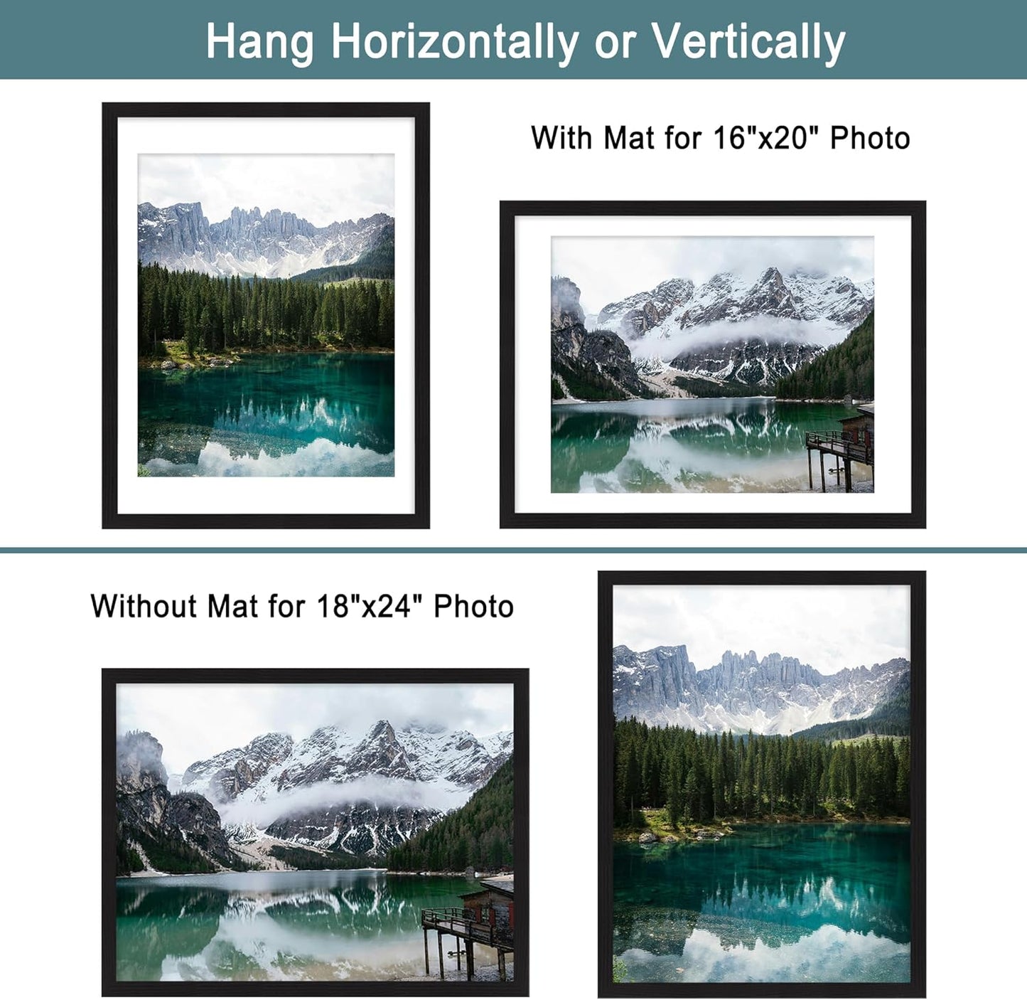 iRahmen 18x24 Picture Frame Set of 2 with Plexiglass, Black Poster Frame Display 16x20 Picture with Mat or 18 x 24 Without Mat, Wood Photo Frame for Gallery Wall Mounting Horizontal and Vertical