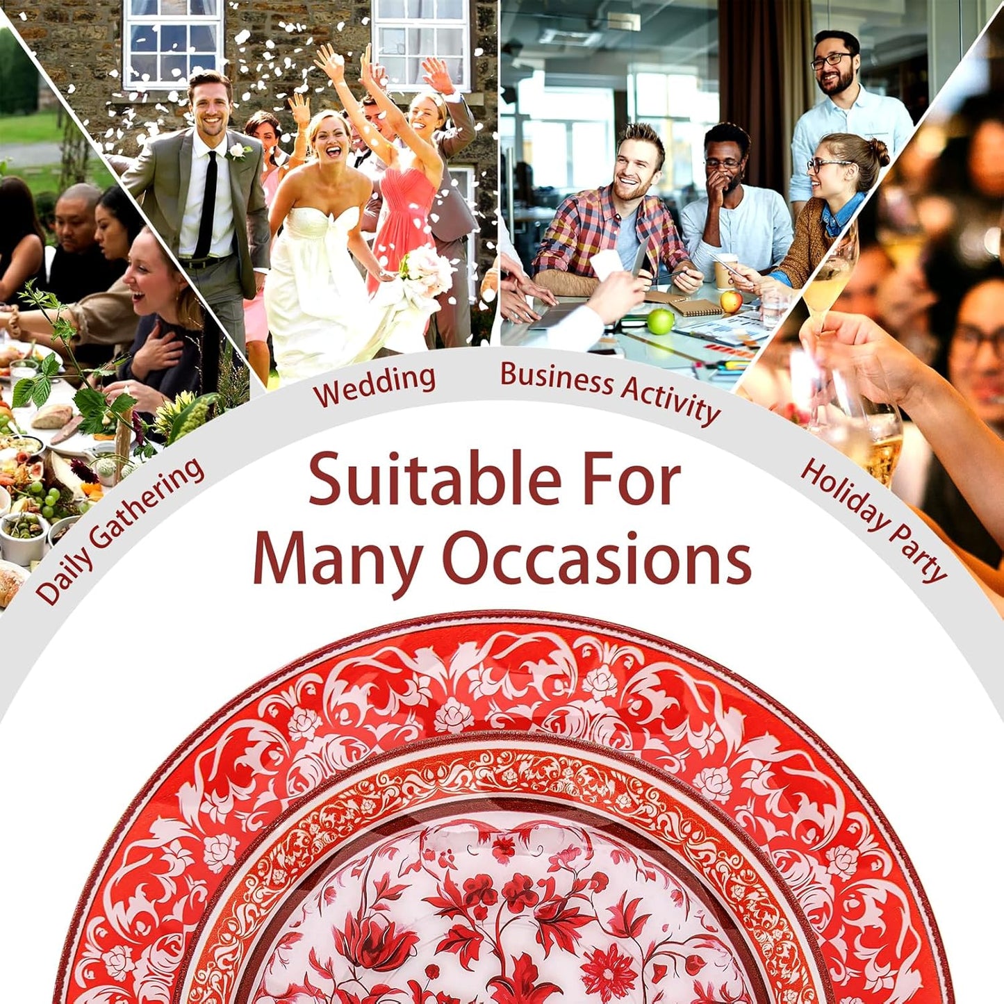 Hioasis 60pcs Red Plastic Plates Set - Floral Red & White Porcelain Design, 10.25" Dinner & 7.5" Dessert Plates Disposable for Wedding/Party (Dishwasher Safe, Art Style)