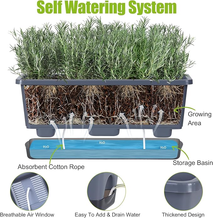 Window Box Planter 4 Packs, 17 Inches Rectangle Flower Pots with Drainage Holes & Trays, Pots for Vegetables, Herbs, Flowers, Garden Windowsill Balcony (Grey, 17 * 5.1 * 6 inch)