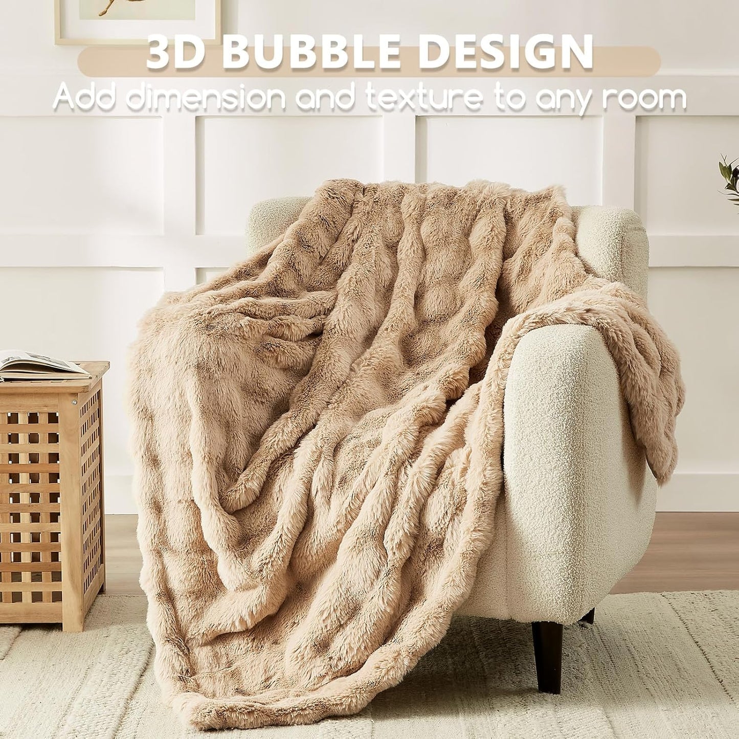L'AGRATY Faux Rabbit Fur Blanket: 50" x 60" Luxury Soft Fluffy Thick Fur Throw Blanket for Couch Bed - Cozy Plush Bubble Blankets for Winter: Warm Flannel Fleece Decorative Blanket(Milk Tea Brown)