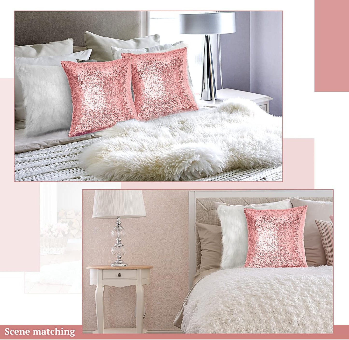 Irenare 4 Pcs Sequin and Fluffy Pillow Covers Winter Throw Pillow Cases Soft Cushion Cover for Couch Bed Sofa Xmas Day(18 x 18 Inch,Pink, White)