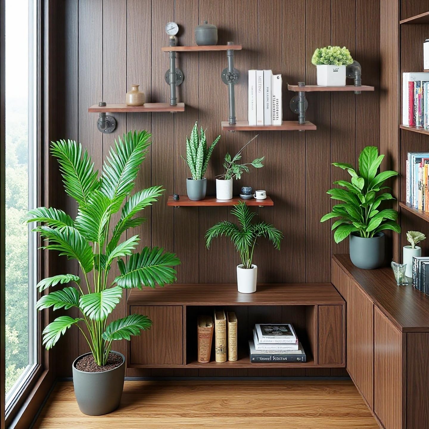 Industrial Rustic Modern Solid Wood Ladder Pipe Wall Mounted Floating Shelves – 4 Tiers Bookshelf,DIY Storage Shelving,Hung Bracket,Bookcases