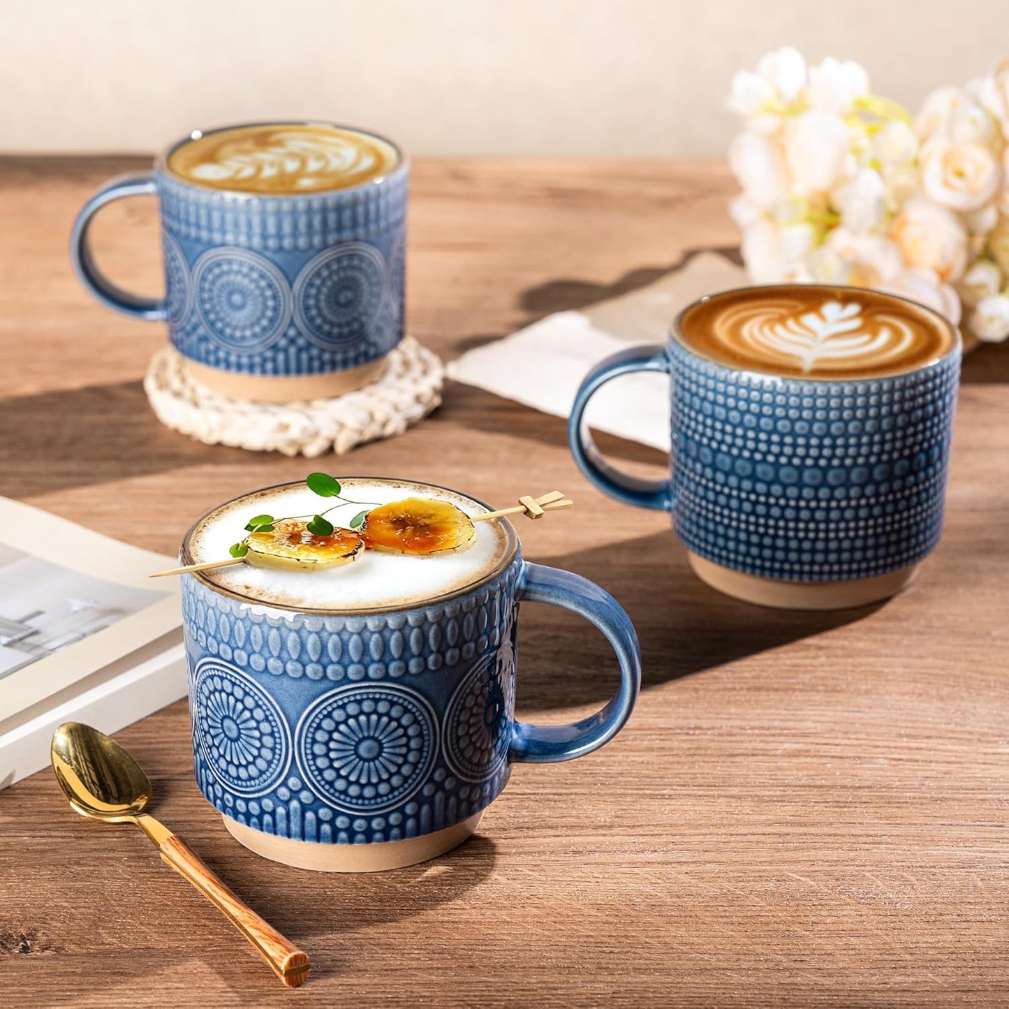 GBHOME 12OZ Stackable Coffee Mugs, Ceramic Coffee Mugs with Texture Patterns for Man,Woman,Dad,Mom, Modern Coffee Mugs Set of 4 for Latte/Cappuccino/Cocoa. Dishwasher&Microwave Safe