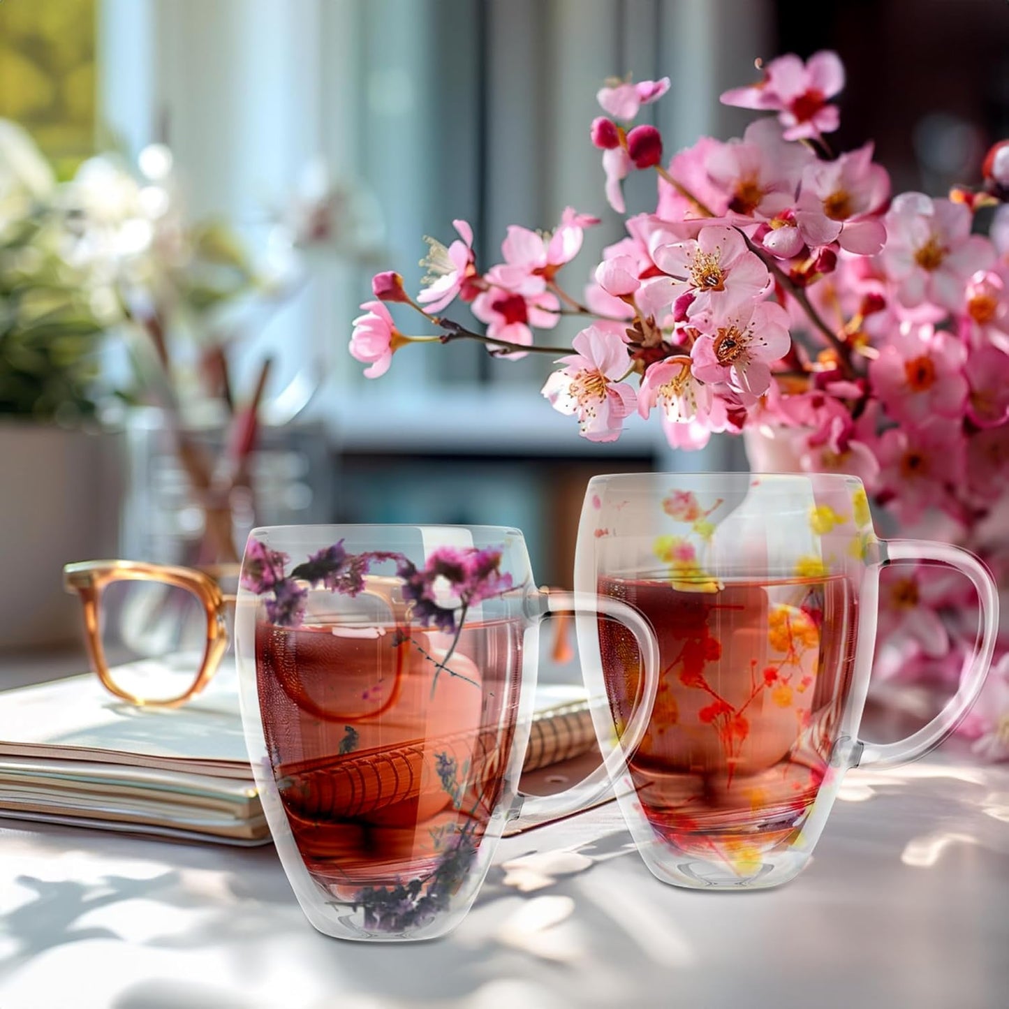 Gusto Buono 11oz Borosilicate Double Glass Mug, 2x Pink White and 2x Purple Dried Flowers, Set of 4, Designed in Italy