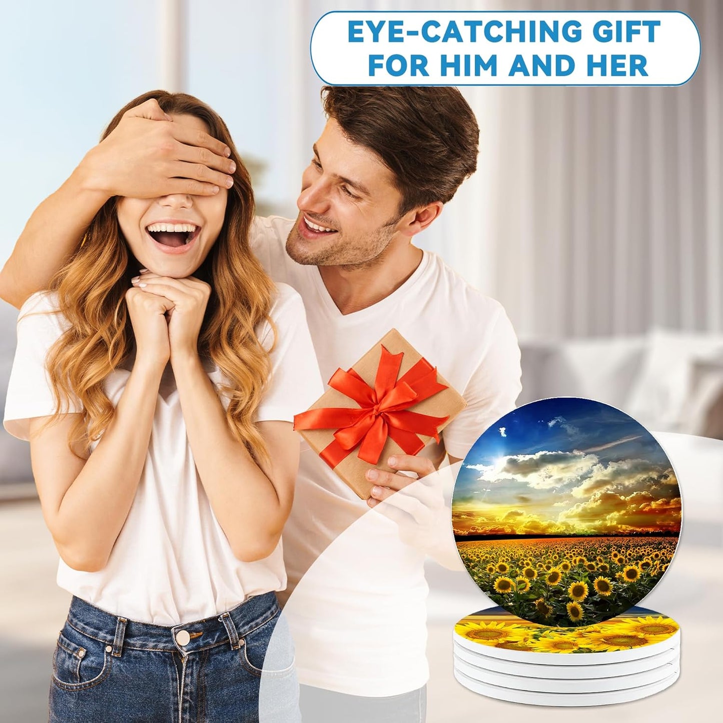 Drinks Coasters Set of 4, Sunflower Round 4" Cup Coasters, Absorbent Ceramic Stone Coasters with Cork Base, Cute Coasters for Table Home Décor, Ideal Gifts for Women Men