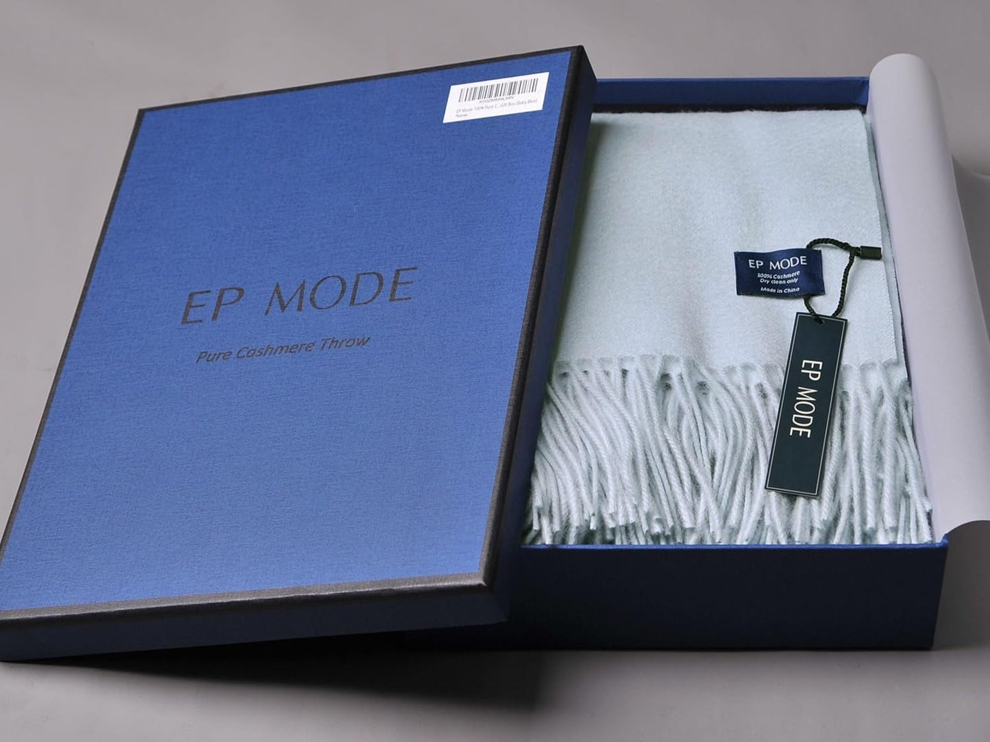 EP Mode 100% Pure Cashmere Throw Blanket for Sofa, Classic Design with Gift Box (Baby Blue)