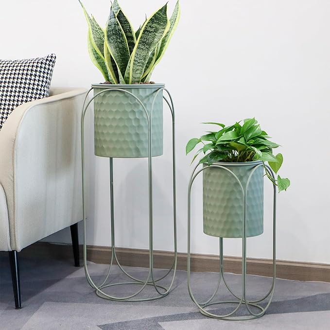 TRIROCKS Set of 2 Planters with Stand Indoor Otdoor Planters for Indoor Plants 26 &18" H Large Plant Pots for Living Room Corner Kitchen Office Garden Balcony Patio Decor(Green)