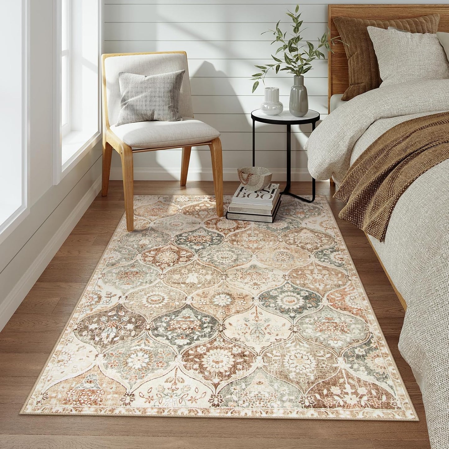 Lahome Moroccan Trellis Washable Small Area Rug, 3x5 Black Rug for Bedroom Living Room, Non-Slip Oriental Accent Throw Carpet for Kitchen Office Entryway Bathroom Office, Khaki