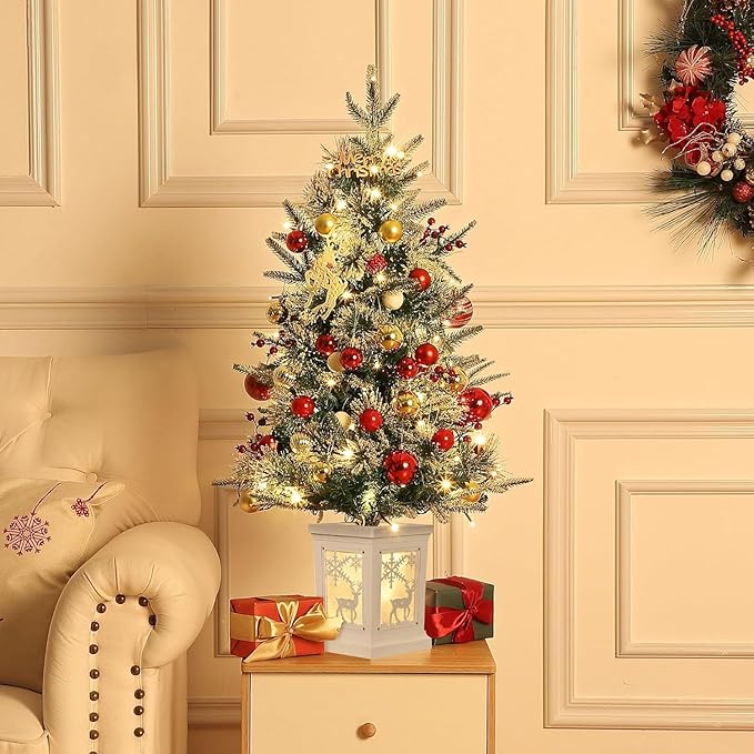 3 Ft Pre-Lit Christmas Tree, Artificial Christmas Trees with Lighting, Xmas Trees with 70 Led Lights, Christmas Decoration for Home, Office, Easy Assembly