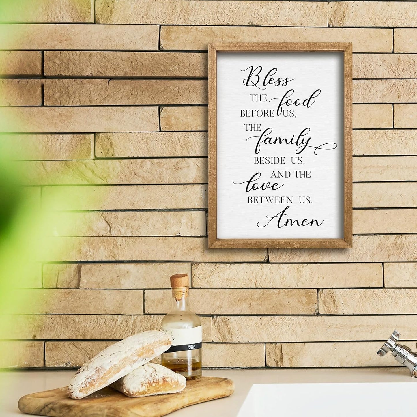 comurdyo Kitchen Wall Decor Bless the Food Before Us Prayer Farmhouse Christian Sign 16"×11" Framed Wood for Small Modern Religious Holy Dining Room Kitchen Plaque Wall Art Hanging (Wood)