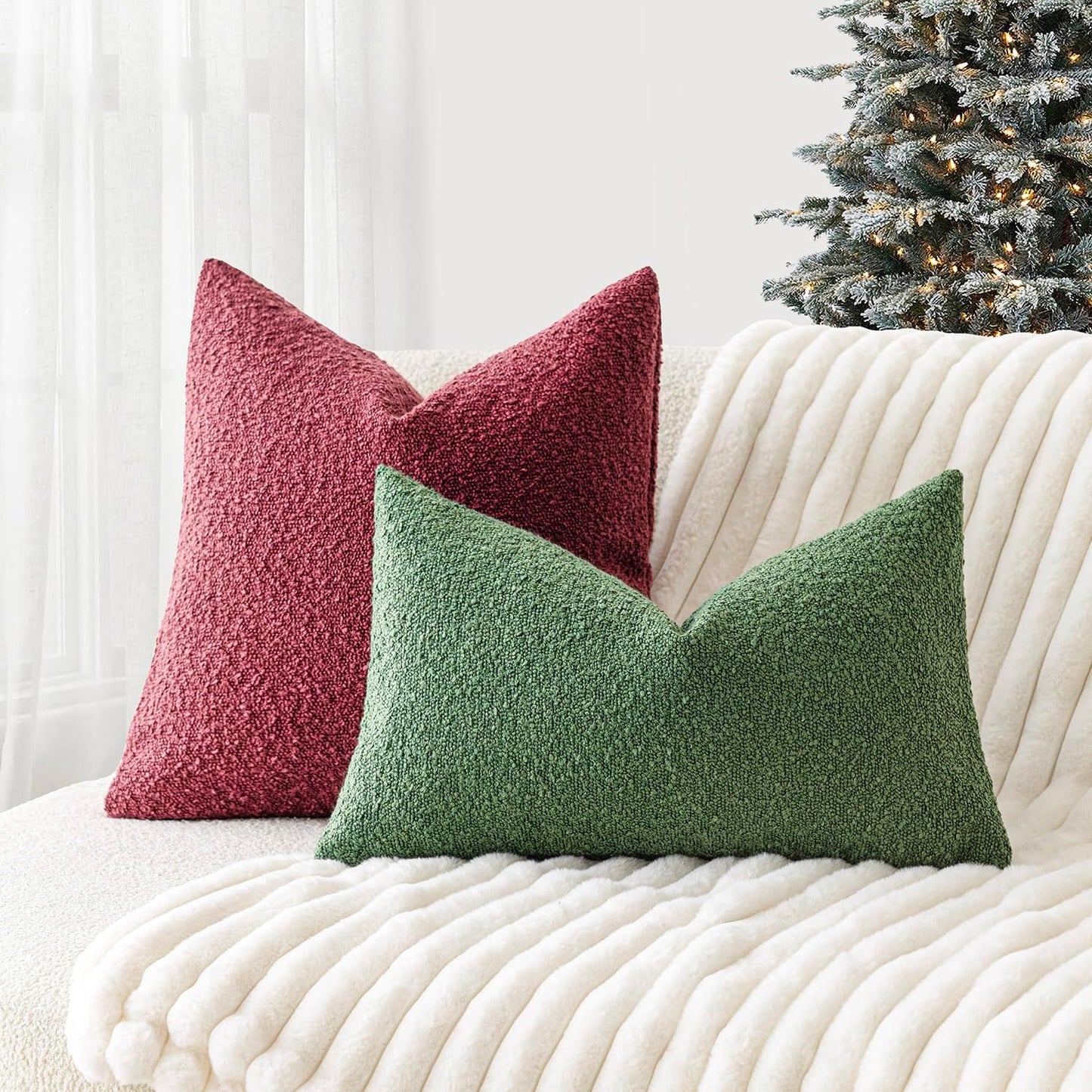 Foindtower Pack of 2 Textured Boucle Throw Pillow Covers Accent Solid Decorative Lumbar Pillow Cases Cozy Couch Cushion Case for Chair Sofa Bed Living Room Home Decor 12 x 20 Inch Hunter Green