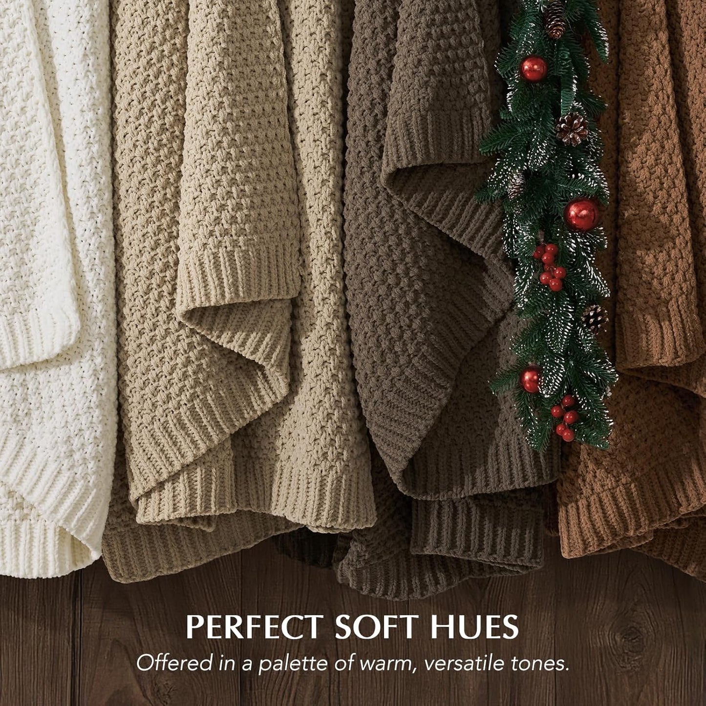 EVERGRACEHOME Chunky Chenille Knit Throw Blanket for Couch, Soft Luxurious Moss Stitch Blankets for Bed, Cozy Decorative Farmhouse Knitted Throws for Sofa, Sand Dune, 50" x 60"