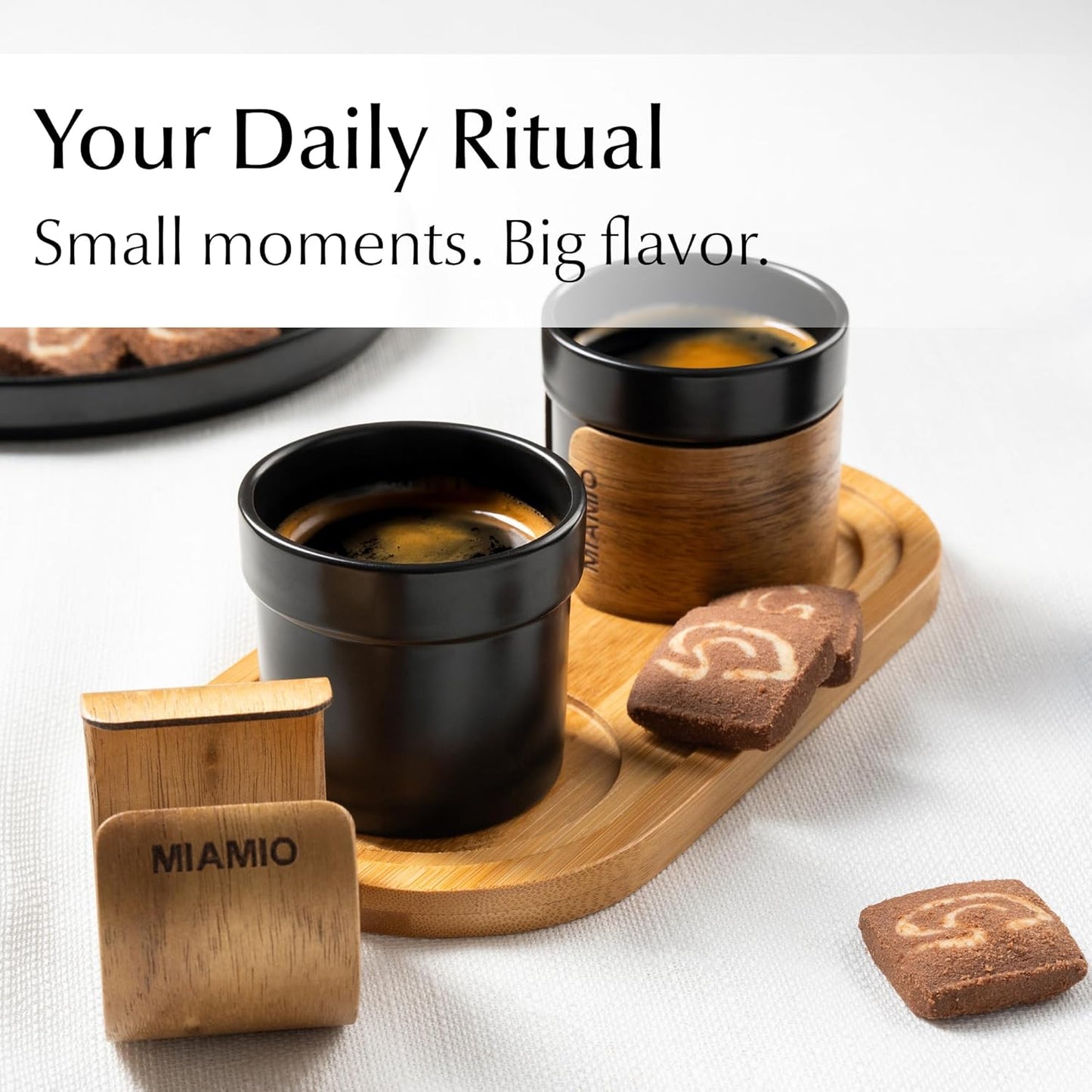 MIAMIO β Espresso Cups Set of 4 (3.5 oz) Japanese Tea Cups Ceramic/Handleless Mug with removable Wooden Cuff/Coffee Cups without Handle (Black)