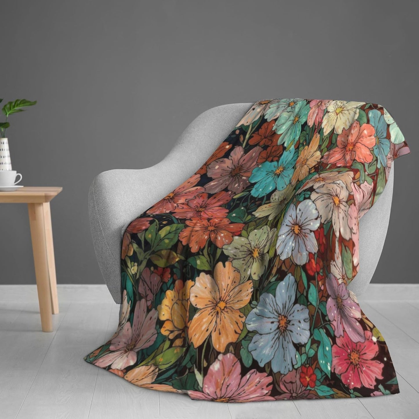 Colorful Floral Throw Blanket, Watercolor Wildflowers Fuzzy Blanket, Ultra Soft Cozy Flannel Throw Blankets Lightweight Fleece Blankets for Bed Couch Sofa 60"×80"