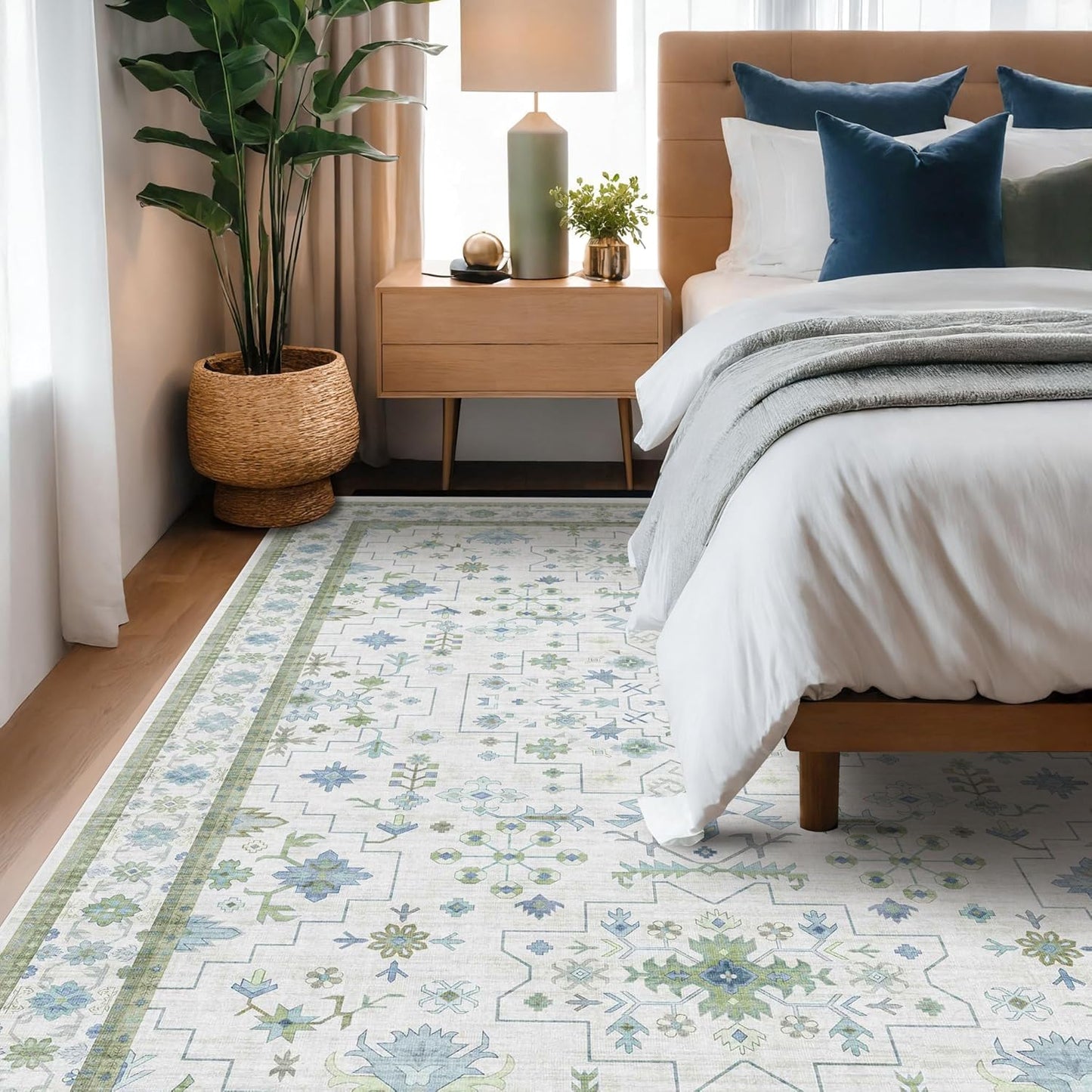 Cream Green Large 8x12 Area Rug for Living Room - Washable Non Skid Geometric Floral Carpet for Dining Room, Playroom, Bedroom - Blue and Green Soft Floral Rug