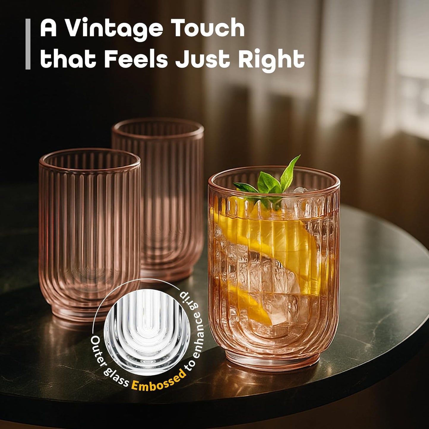 Glaver's Vintage Glassware Art Deco Glasse Ribbed Drinking Glasses U-Shape Arch Design Colored Cocktail Kitchen Tumblers Everyday Dinner Decorative Party (Pink S/4 17oz)