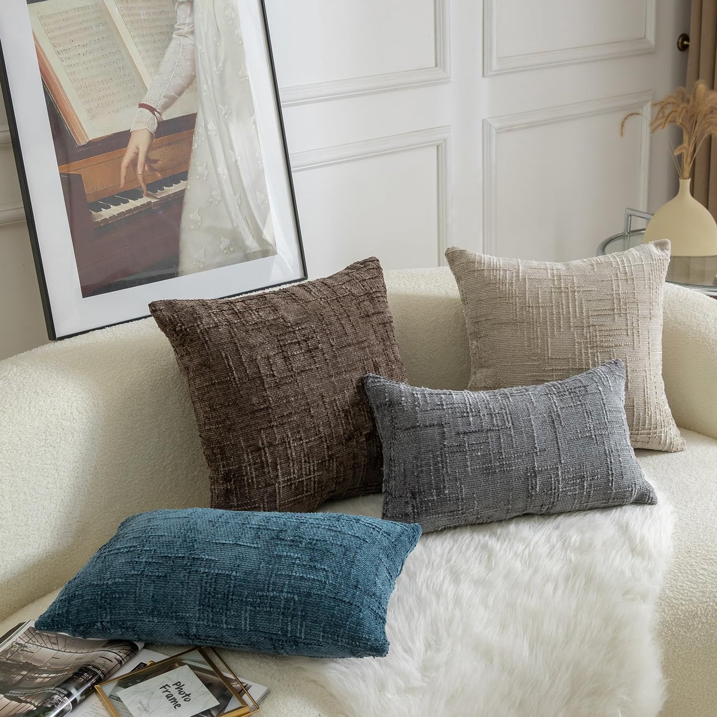 MANDIOO Pack of 2 Soft Chenille Textured Throw Pillow Covers Square Accent Solid Decorative Cushion Cover Cozy Farmhouse Pillow Case for Couch Sofa Bed Living Room 24x24 Inch Coffee