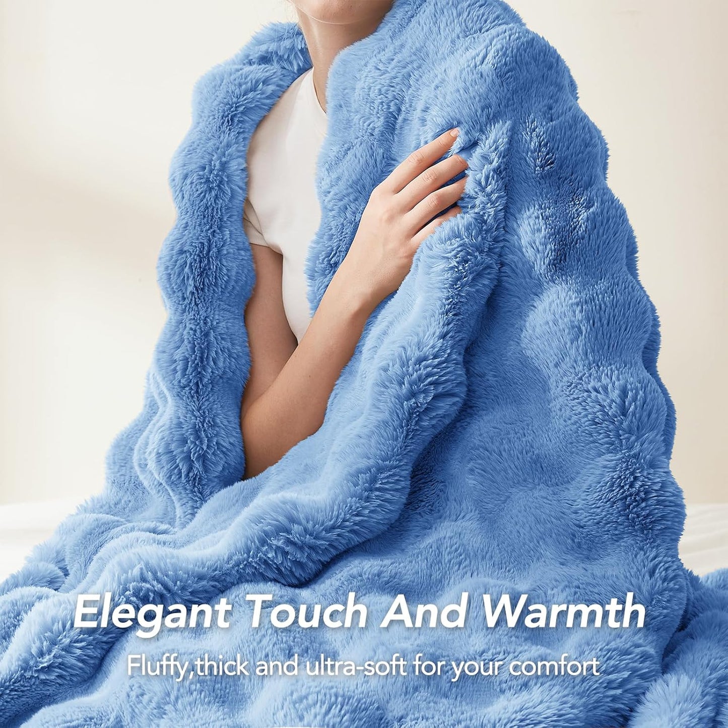 L'AGRATY Faux Fur Throw Blanket: 60" x 80" Luxury Soft Fluffy Rabbit Fur Blankets Twin for Couch Bed Sofa - Cozy Plush Bubble Blankets for Winter: Flannel Fleece Decorative Blanket(Airy Blue)