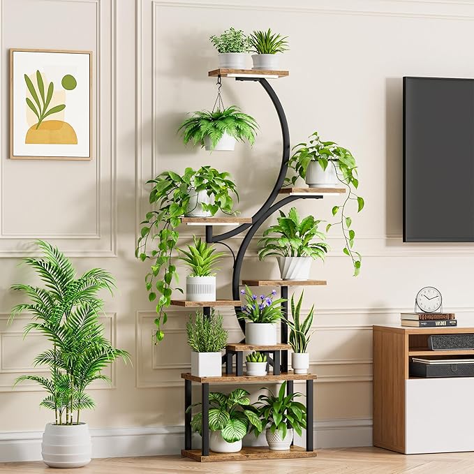 Plant Stand Indoor with Grow Lights - 62" Tall Plant Shelf, Lighted Corner Plant Stands for Indoor Growing, 8 Tiered Large Flower Holder, S-Shaped Decorative Rack for Living Room, Black, Patent Design