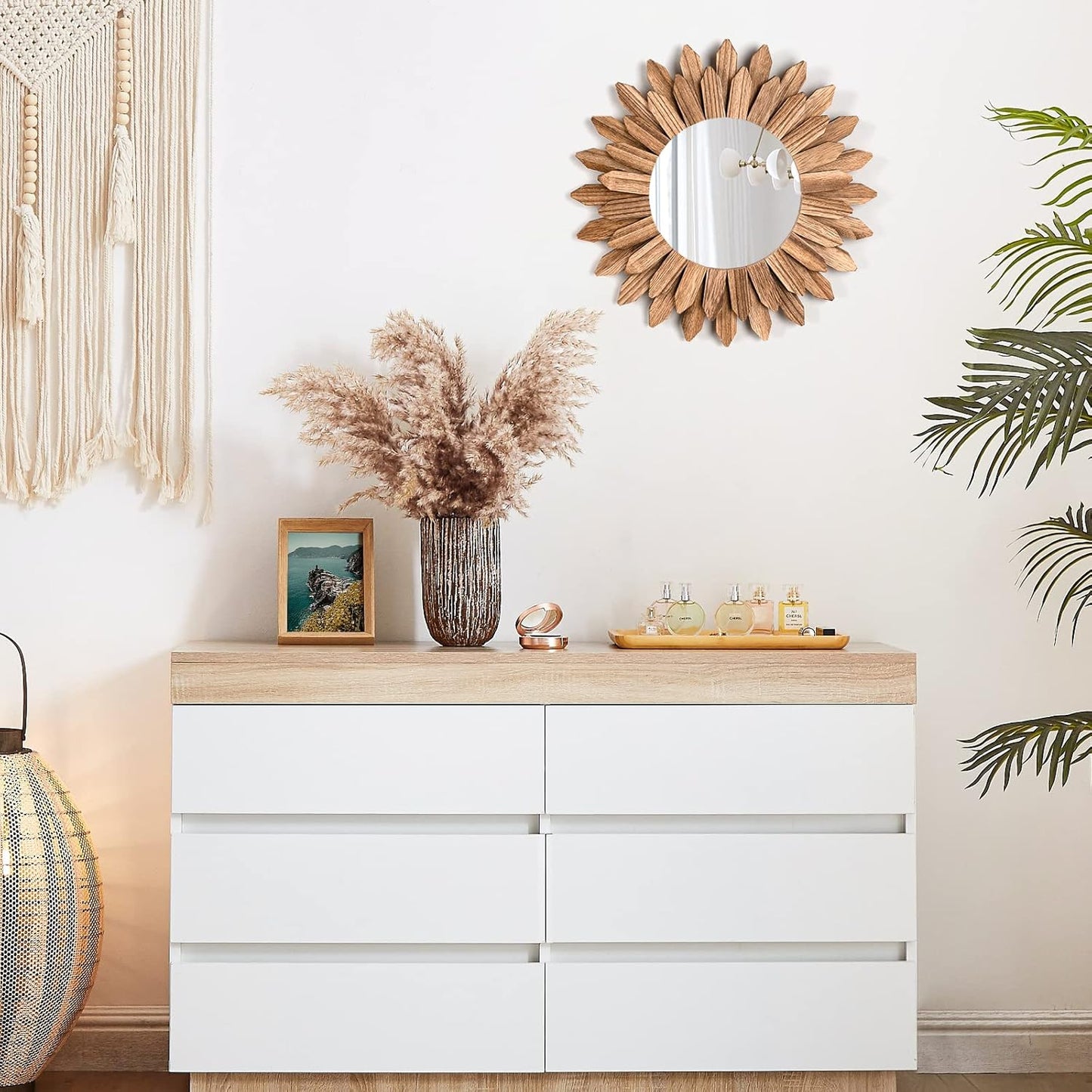 Emfogo Wall Mirror 12 inch Rustic Wood Farmhouse Mirror Sunburst Boho Mirror Wall Decor Room Decor Home Decor for Bedroom Living Room Entryway (Carbonized Black)