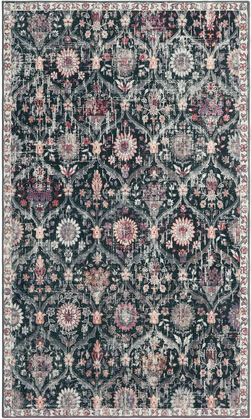 Lahome Moroccan Trellis Washable Small Area Rug, 3x5 Black Rug for Bedroom Living Room, Non-Slip Oriental Accent Throw Carpet for Kitchen Office Entryway Bathroom Office, Black/Multi