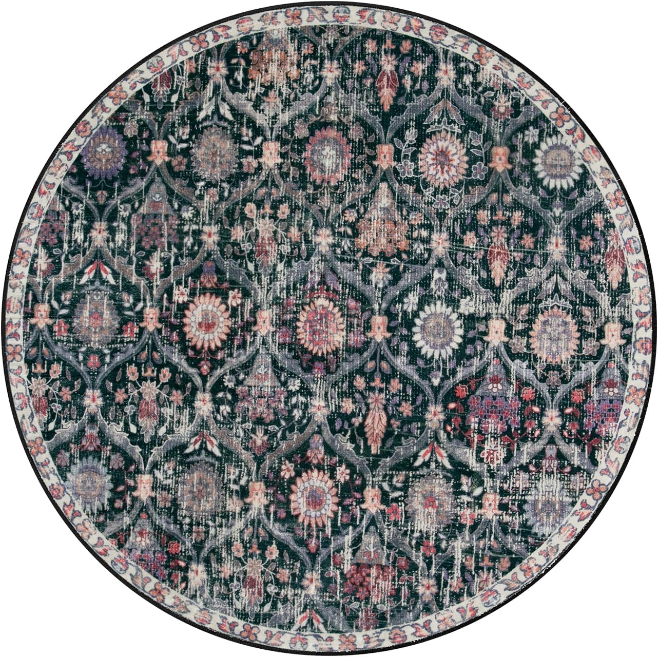 Lahome Moroccan Trellis Washable Round Rugs, Non-Slip Soft Round Rug 4ft Ultra-Thin, Small Vintage Circle Carpet for Entryway Kitchen Bedroom Nursery Bathroom, Black/Multi