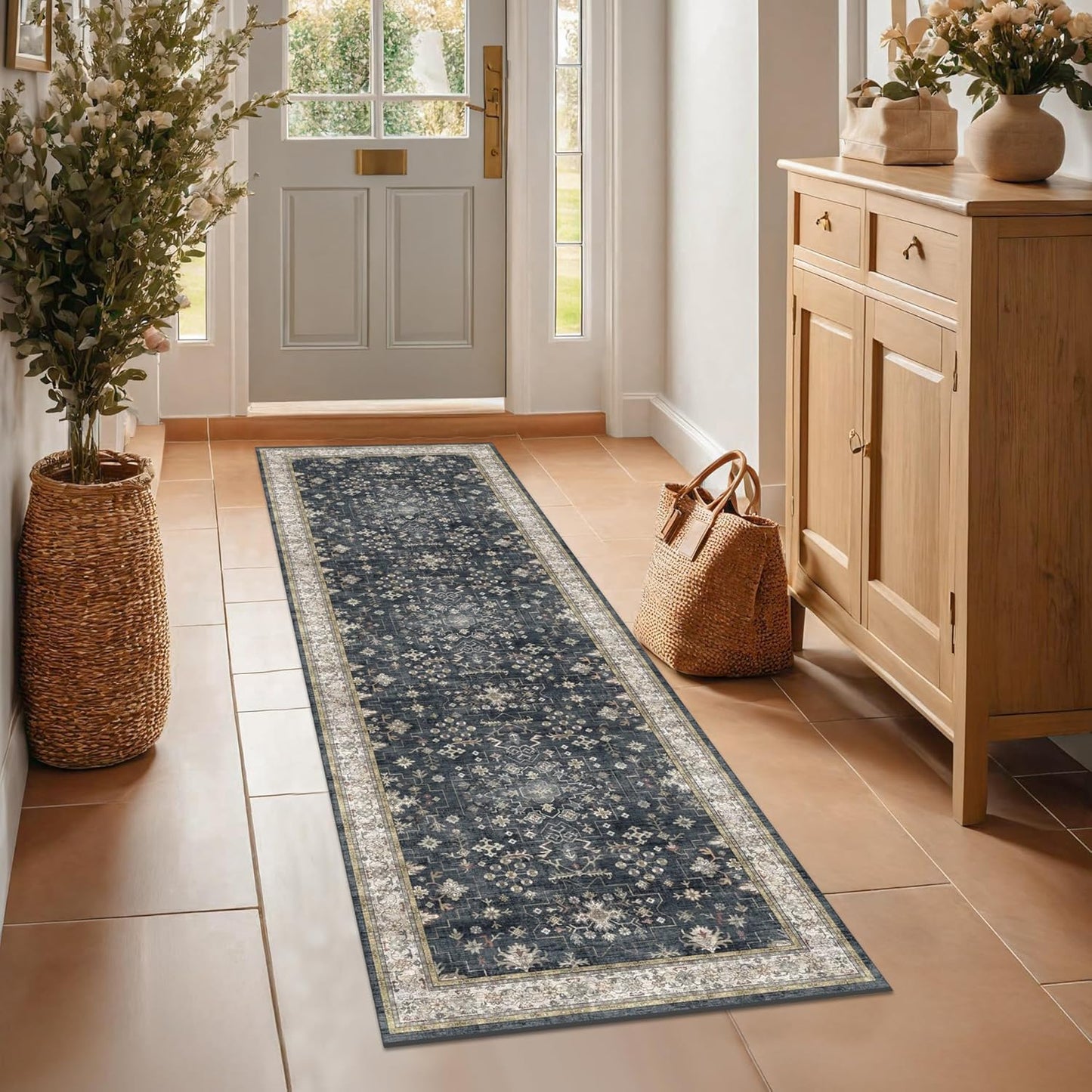 Black 2x7 Long Runner Rugs for Entryway, Throw Runners for Kitchen Hallway, Boho Vintage Floral Decor & Non-Slip Low-Pile Washable Stain Resistant Ashen Charcoal Rug