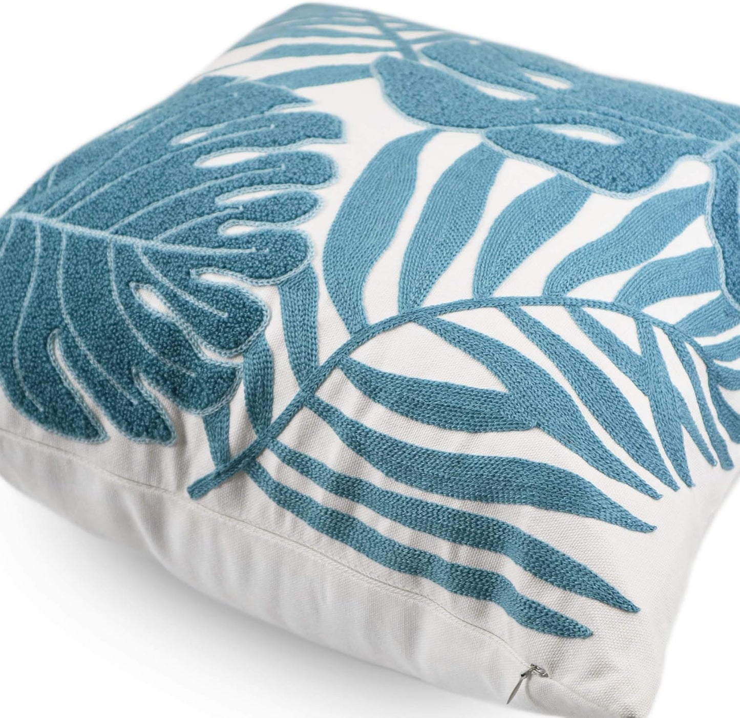 Embroidery Throw Pillow Cover 18x18 Light Blue Tropical Leaf Home Décor Turquoise Cushion Cover for Couch 45x45 100% Cotton Floor Pillowcase Teal Plant Monstera Leaf Loop, 1 Piece