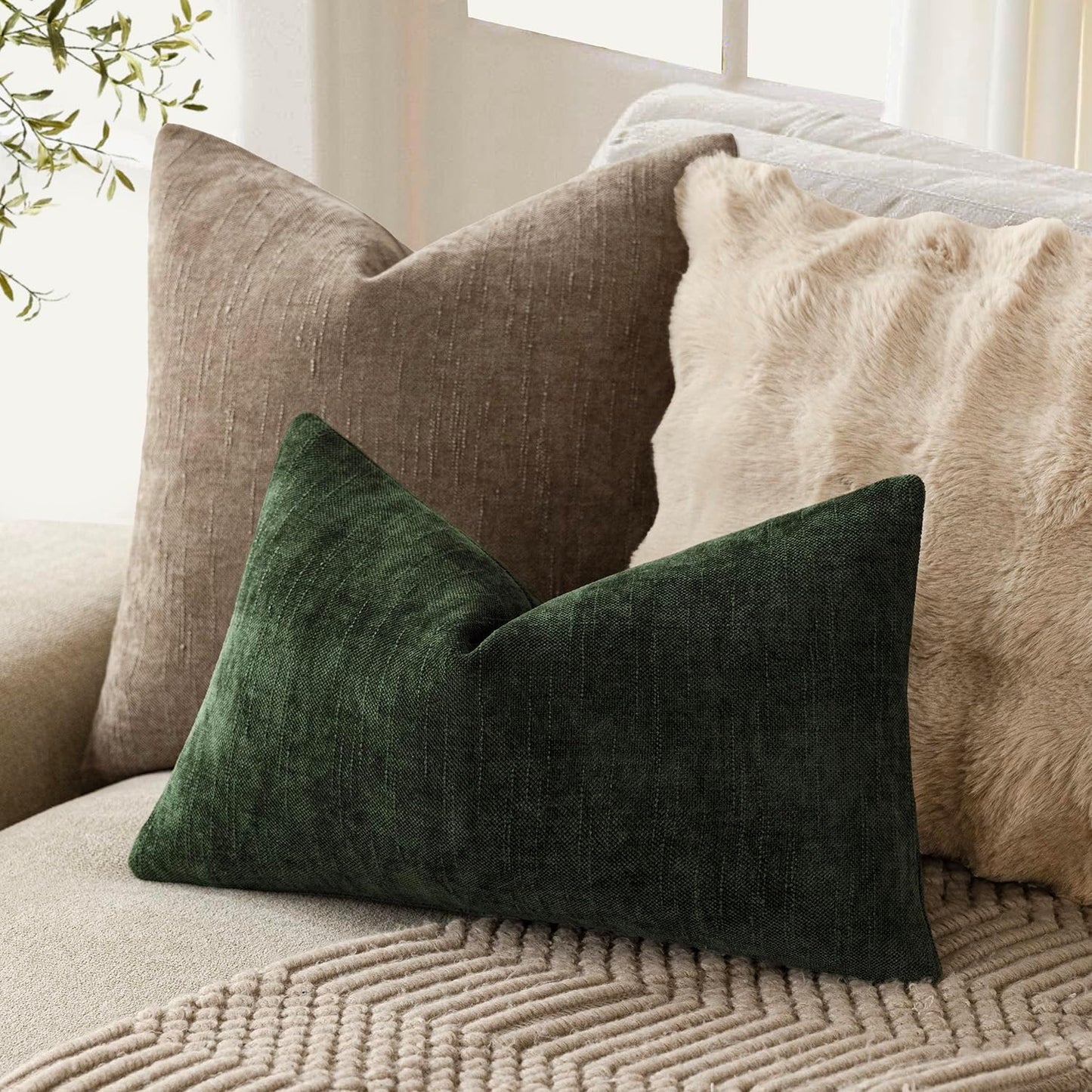 Foindtower Pack of 2 Textured Chenille Throw Decorative Pillow Covers Square Accent Solid Cushion Cover Neutral Farmhouse Lumbar Pillow Case for Couch Sofa Bedroom Living Room 12x20 Inch,Dark Green