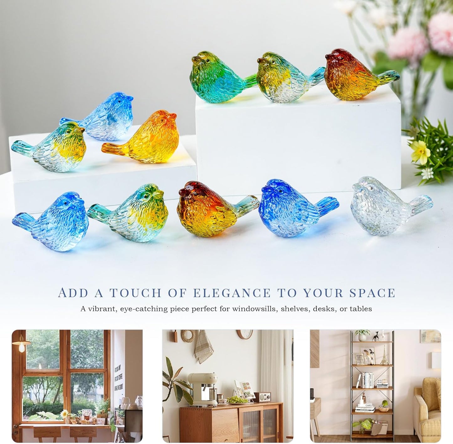 HDCRYSTALGIFTS 4PCS Colorful Crystal Birds Figurines - 3'' Art Glass Birds Animal Collectible Figurines Gifts for Women Bird Lovers Home Tabletop Office Decor