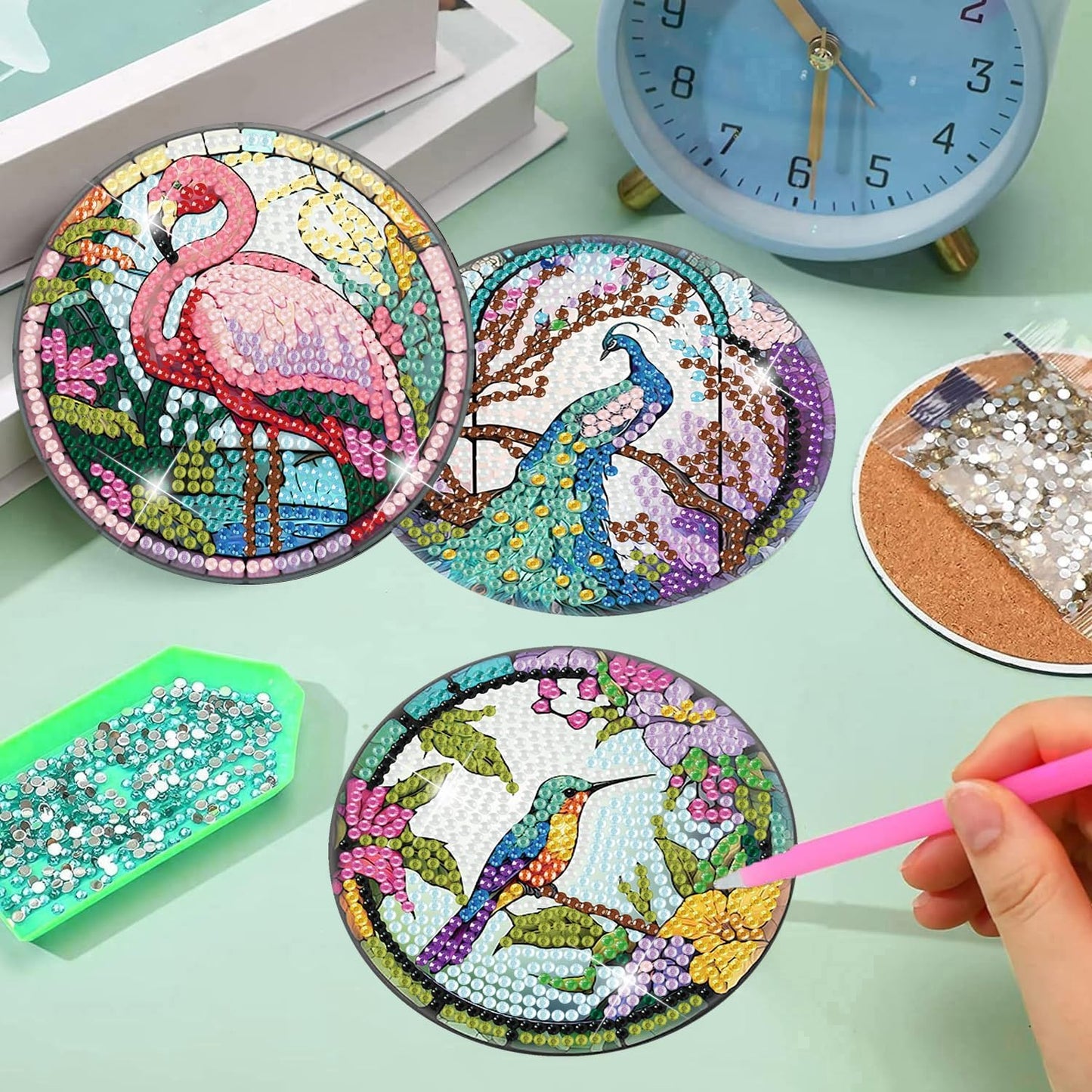 Meothan 8 Pcs Diamond Art Coasters Kits for Adults with Holder Cork Pads, Diamond Dots Art Painting Coasters Crafts Kit for Home Office Decor (Different Animals)