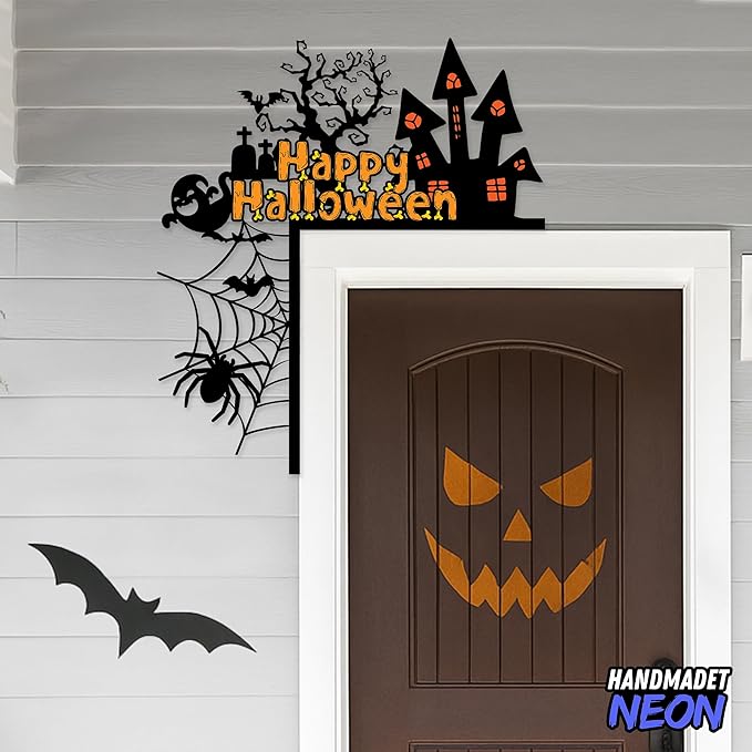 Personalized Metal Happy Halloween Door Toppers, Custom Haunted House Ghosts Spider Web Door Corner Sign, UV Printed Spooky Frame Top Decorative Creative Silhouette Wall Art Decor