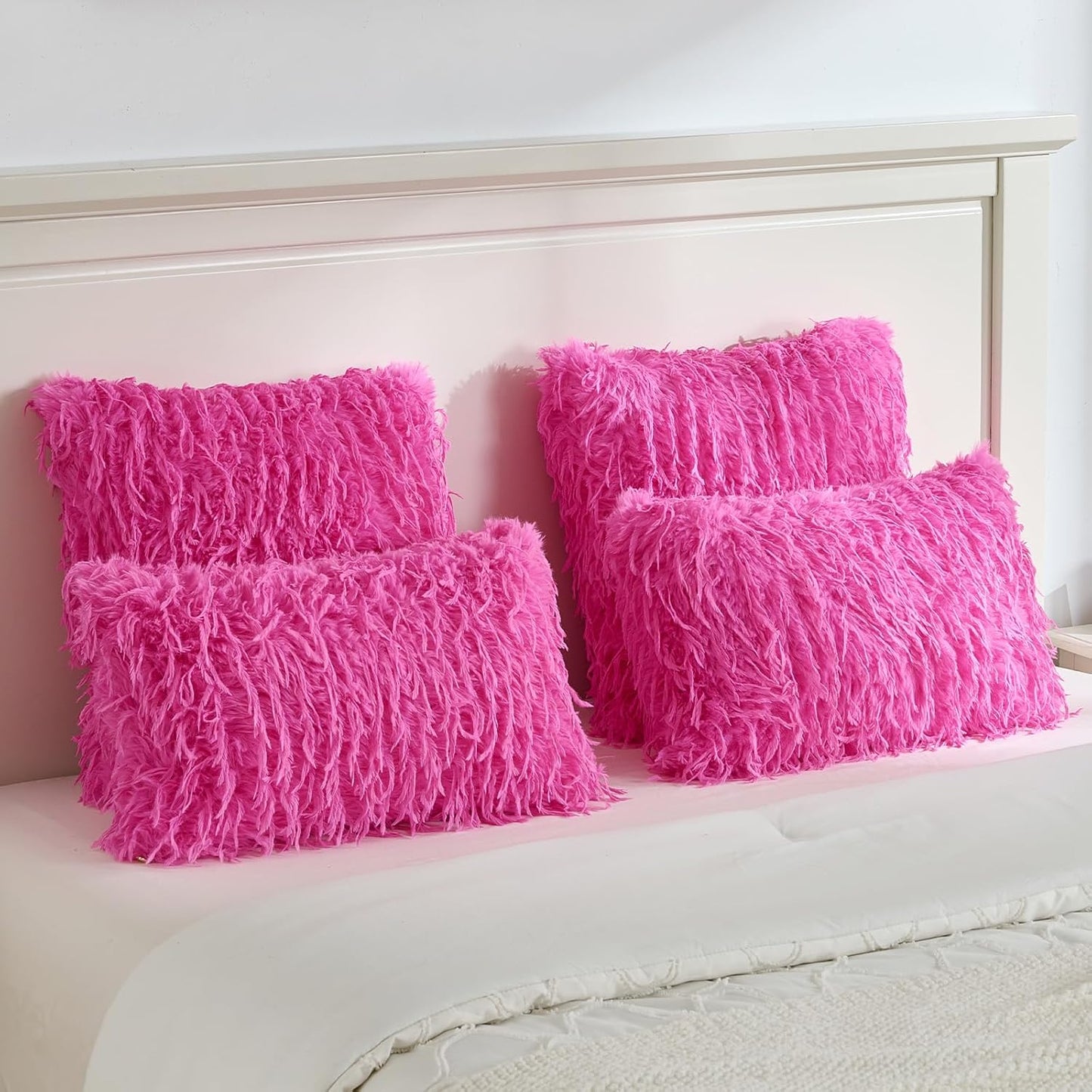 FUTEI Hot Pink Decorative Throw Pillow Covers 24x24 Inch Set of 2,Soft Fluffy Faux Feather Texture European Cushion Cases,Modern Home Luxury Decor for Couch Bed Living Room