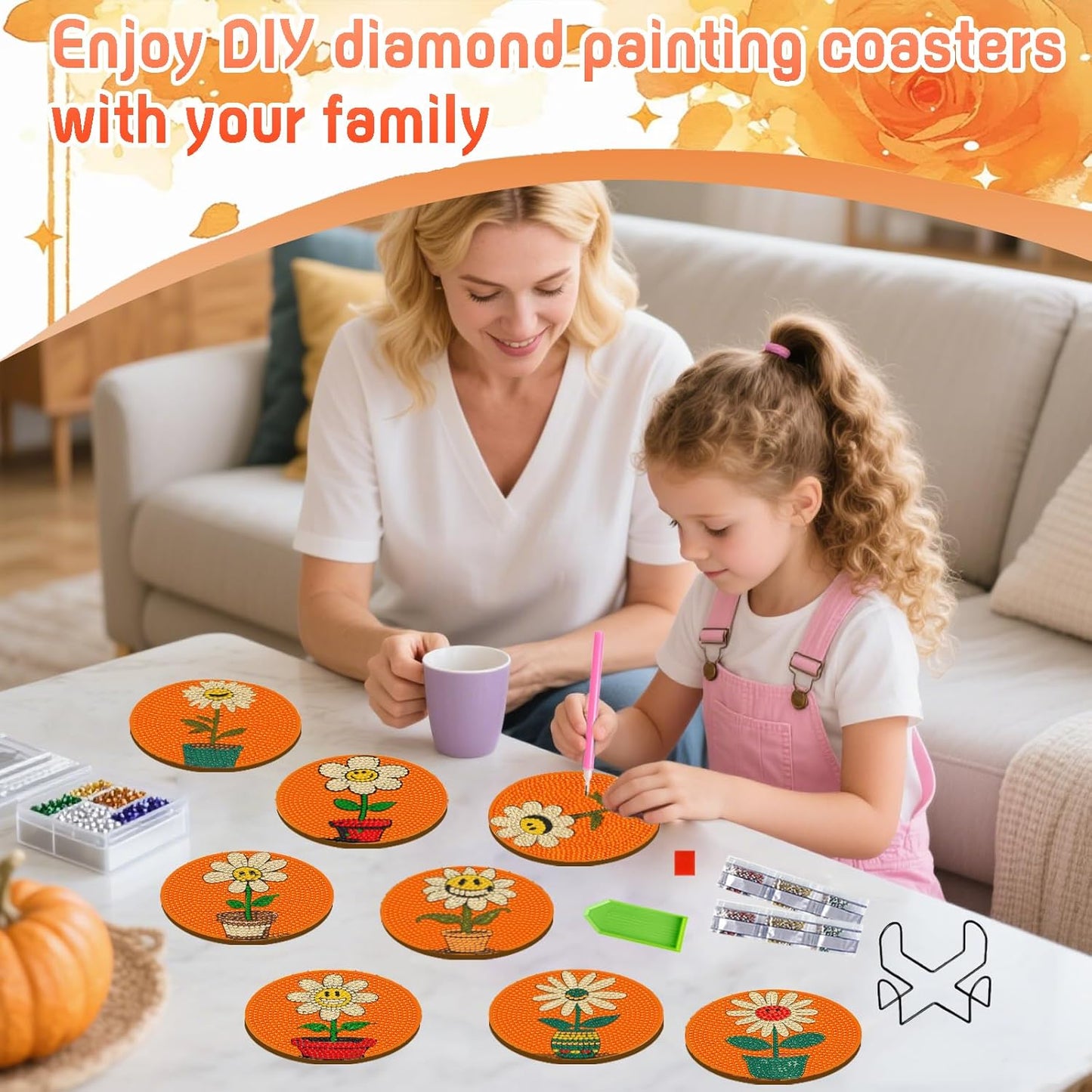 DOZEEZOP 8 PCS Flowers Diamond Art Coasters Kit, 5D Diamond Painting Coasters with Holder, Fall Small Diamond Art Kits for Adults Beginners, Diamond Dots Arts and Crafts Supplies