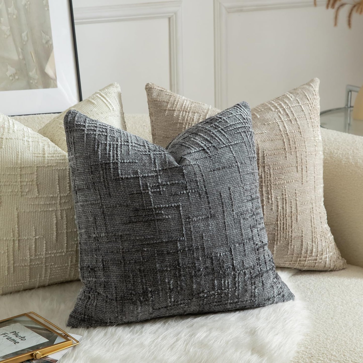 MANDIOO Pack of 2 Soft Chenille Textured Throw Pillow Covers Square Accent Solid Decorative Cushion Cover Cozy Farmhouse Pillow Case for Couch Sofa Bed Living Room 16x16 Inch Dark Gray