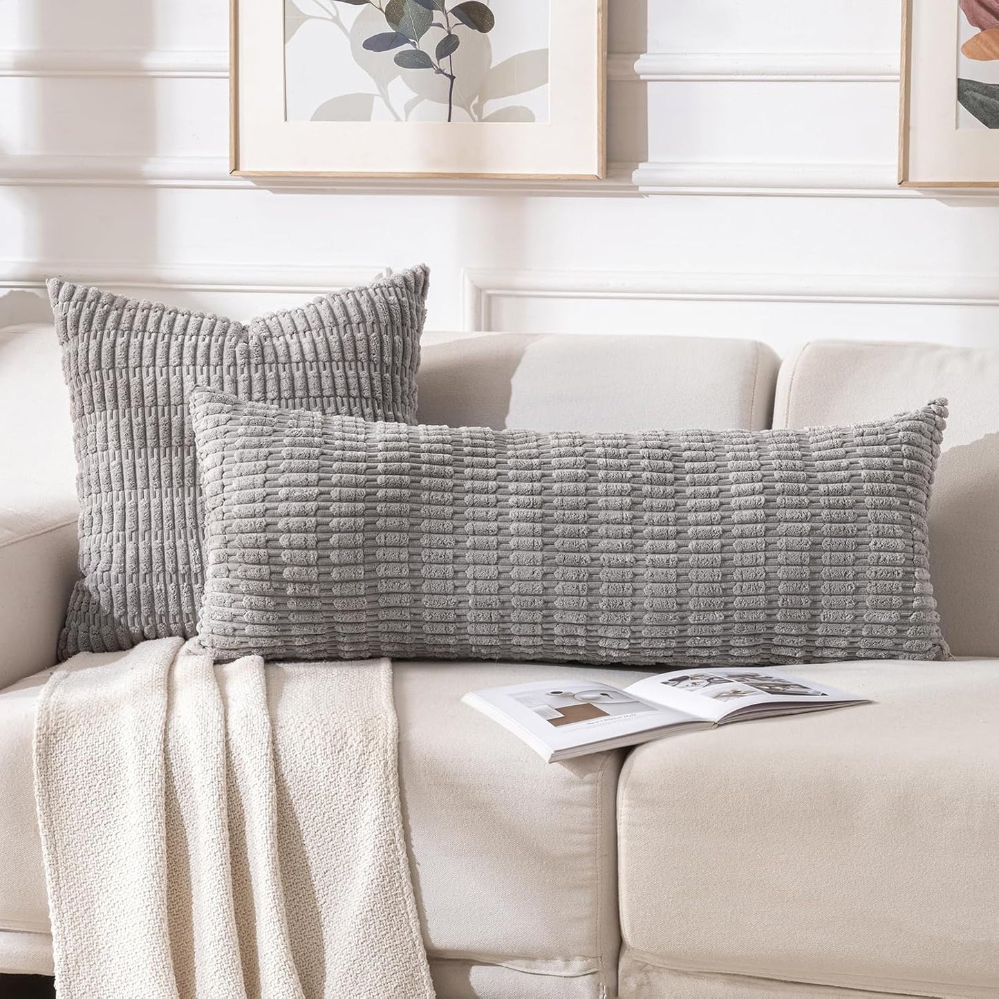 Fancy Homi Gray Long Lumbar Farmhouse Decorative Throw Pillow Covers 14x36 Inch for Bed Couch Bed Sofa, Rustic Boho Room Decor, Soft Striped Corduroy Rectangle Cushion Case 35x91 cm