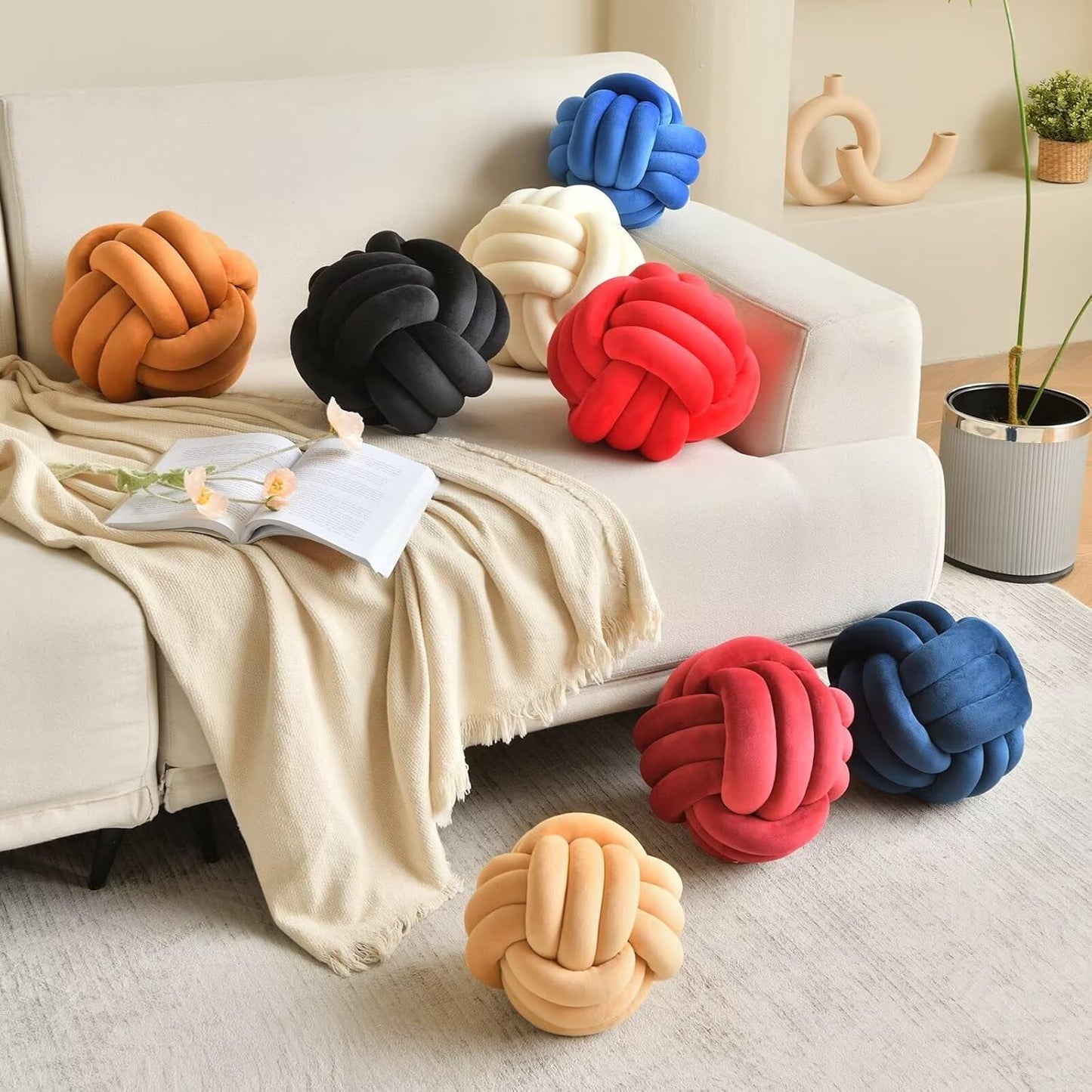 Decorative Throw Knot Pillow Ball for Home Chair Sofa Couch Bed Aesthetic Round Velvet Knotted Pillow Cushion (Navy Blue, 8 inches)