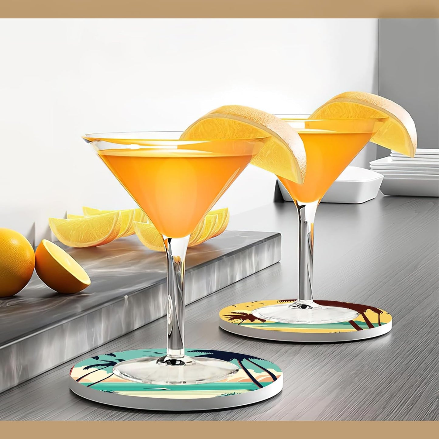 Drink Coasters with Holder,6 Pcs Palm Trees Beach Sunset Absorbent Ceramic Drink Pads, Non-Slip Table Protectors for Coffee & Glasses