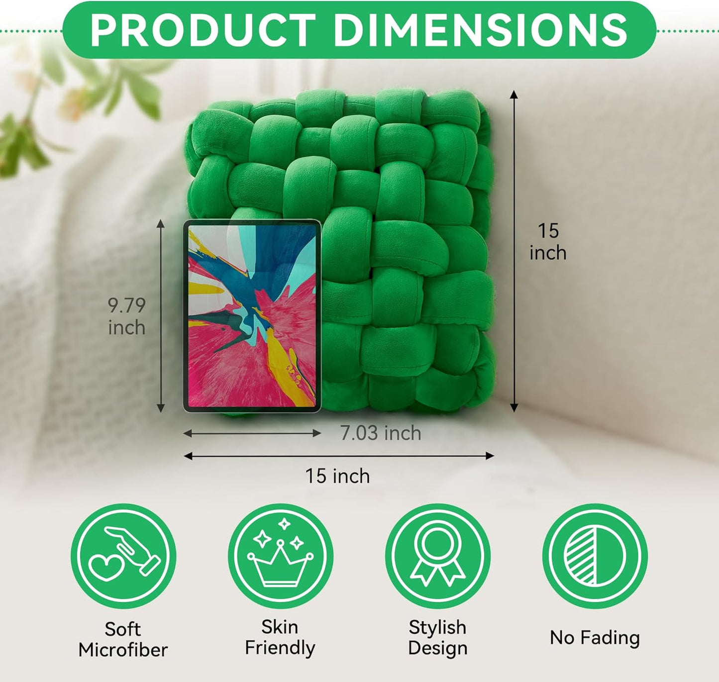 JELLYMONI Green Knot Throw Pillow, Large Size Home Decorative Pillows, Decorative Ins Throw Pillows, Soft Velvet Knotted Decor for Bedroom, Living Room and Couch (L- 15"×15"×4", Green)