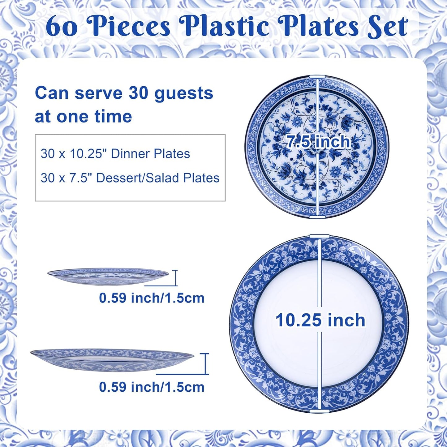 Hioasis 60pcs Blue Plastic Plates Set - Floral Blue & White Porcelain Design, 10.25" Dinner & 7.5" Dessert Plates Disposable for Wedding/Party (Dishwasher Safe, Art Style)