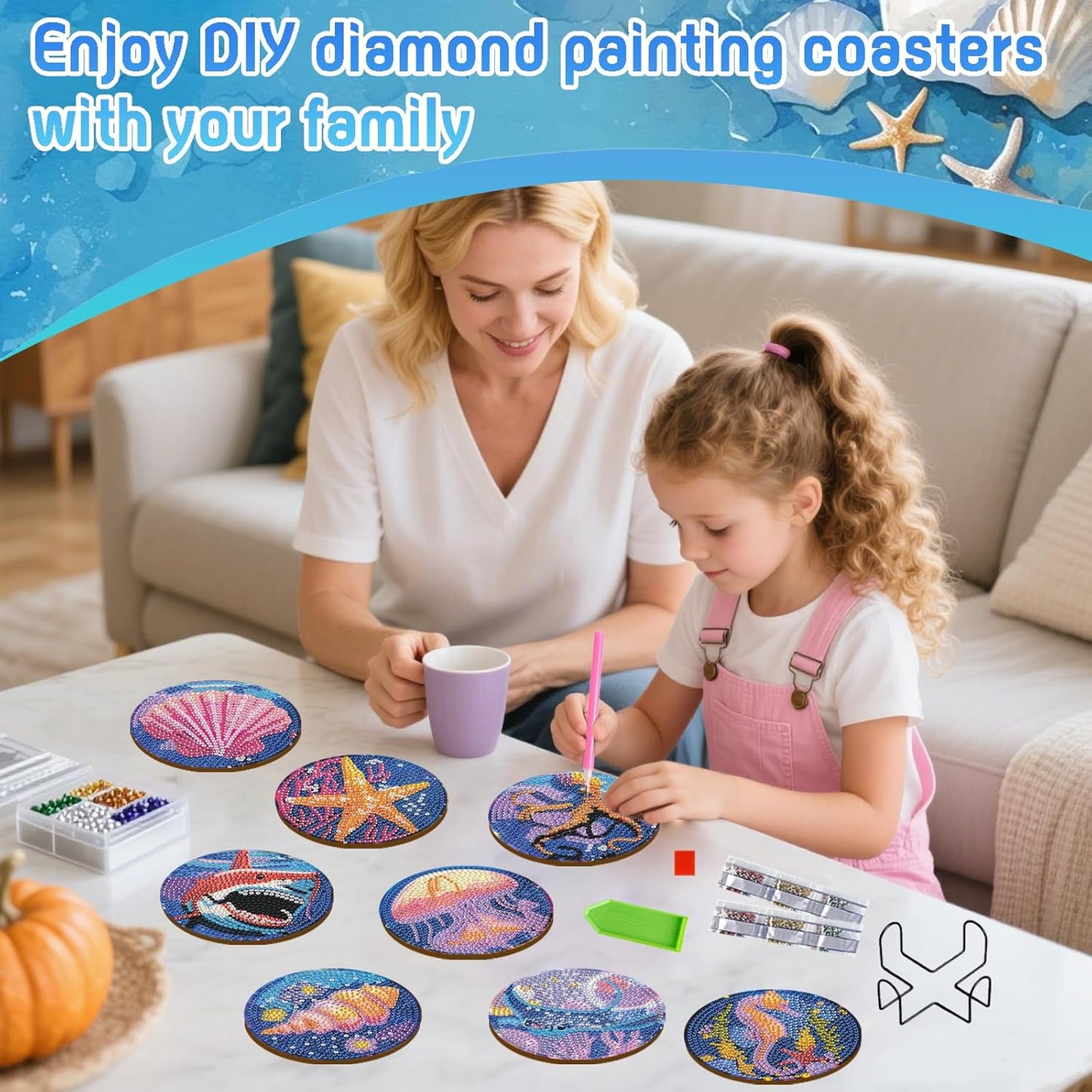 DOZEEZOP 8 PCS Diamond Art Coasters Kit, 5D Diamond Painting Coasters with Holder, Fall Small Diamond Art Kits for Adults Beginners, Diamond Dots Arts and Crafts Supplies Ocean