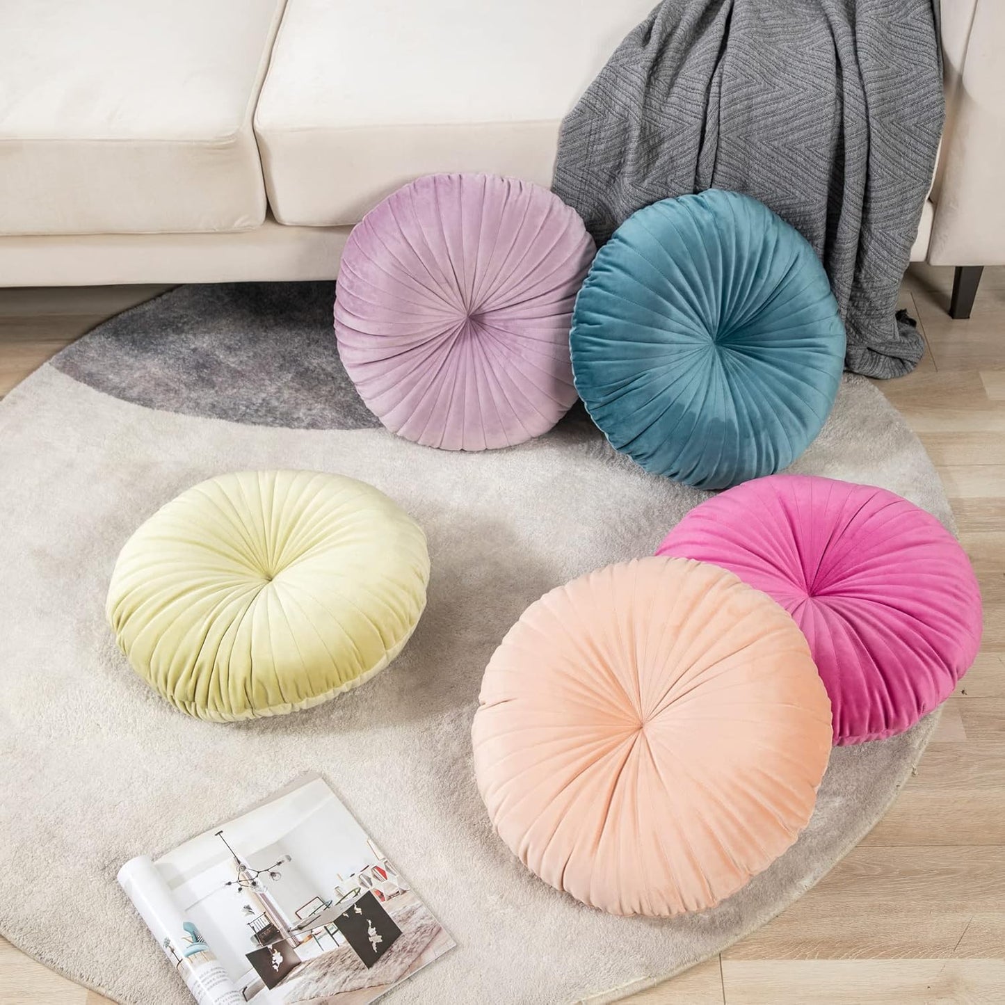 HLOVME Round Pillow Cushion for Couch Velvet Decorative Small Throw Pillow Solid Color for Living Room Bed Floor 15.7”, Hot Pink