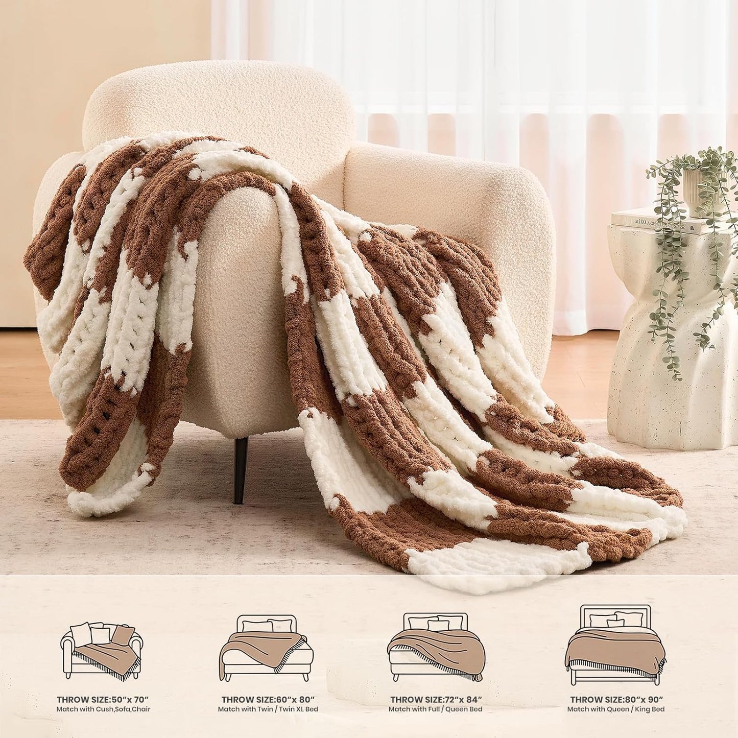 L'AGRATY Chunky Knit Blanket Throw: 50''x60'' Chenille Chunky Knitted Throw Blankets for Bed Couch - Handmade Thick Cable Knit Blanket - Large Crochet Rope Blankets for Home Decor(Brown Checkered)