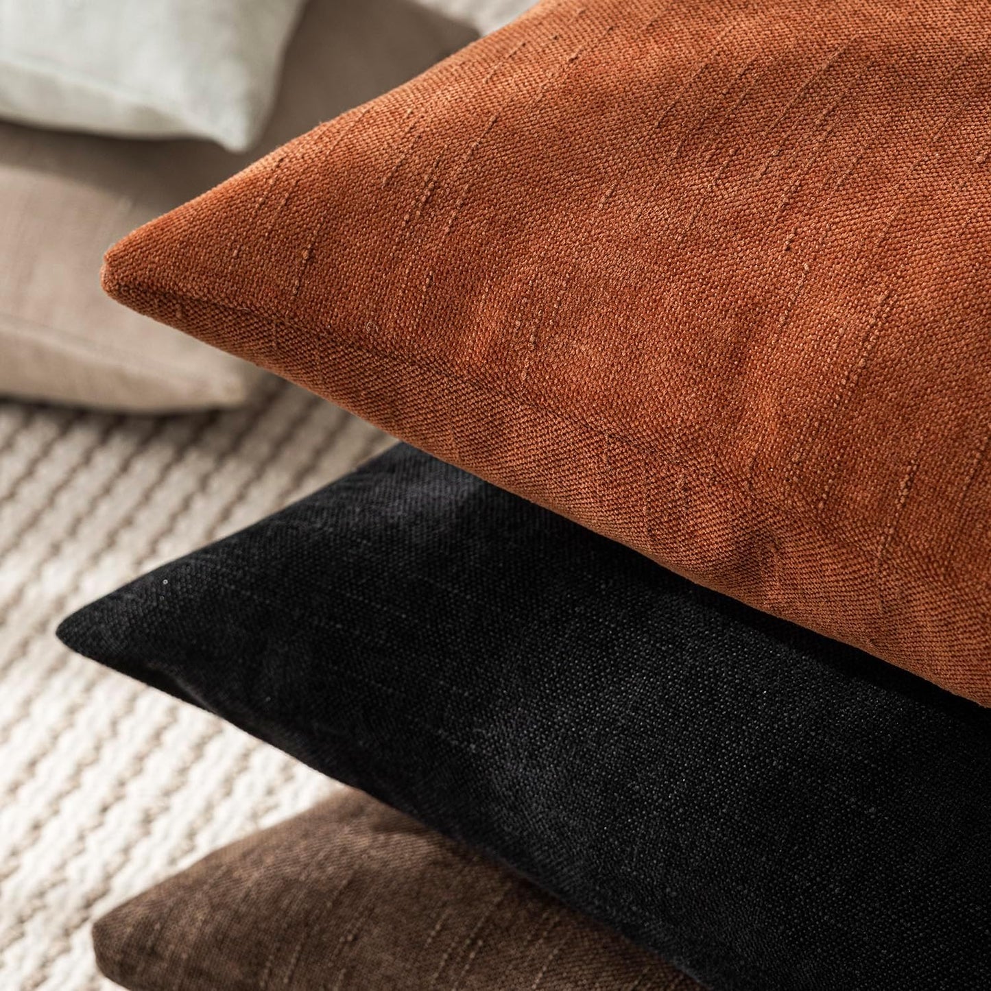 Foindtower Pack of 2 Soft Textured Throw Decorative Pillow Covers Square Accent Solid Cushion Cover Cozy Farmhouse Pillow Case with Zippe for Couch Sofa Bed Living Room 20x20 Inch, Burnt Orange