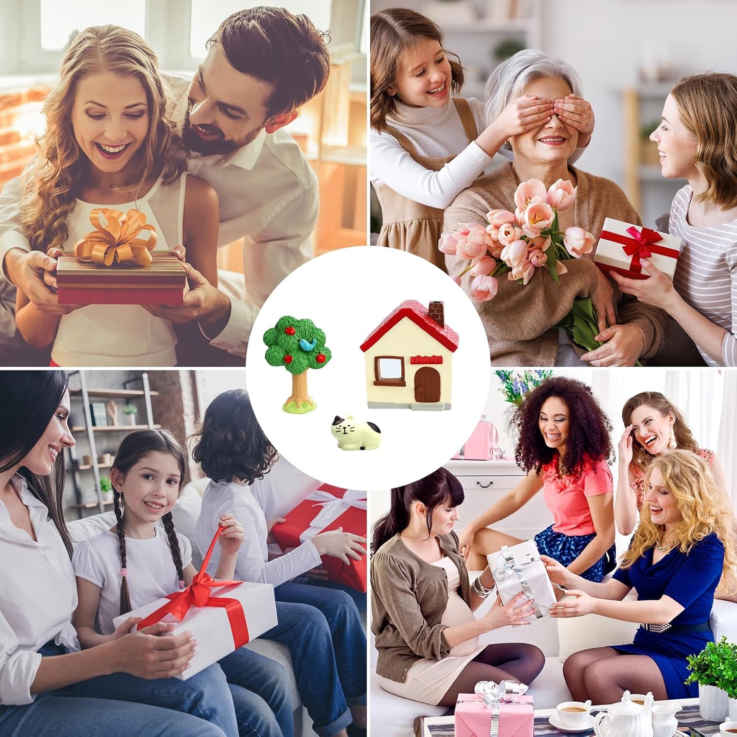 Mini Cat Cottage Decor Set - Resin House with Apple Tree and Kitten Figurine, Cute Desk Ornaments for Home Office Shelf Decor, Unique Gift for Cat Lovers